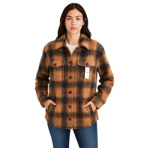 American Eagle Plaid Shacket Jacket Brown Black Tan‎ Brushed Wool Blend XS NWT